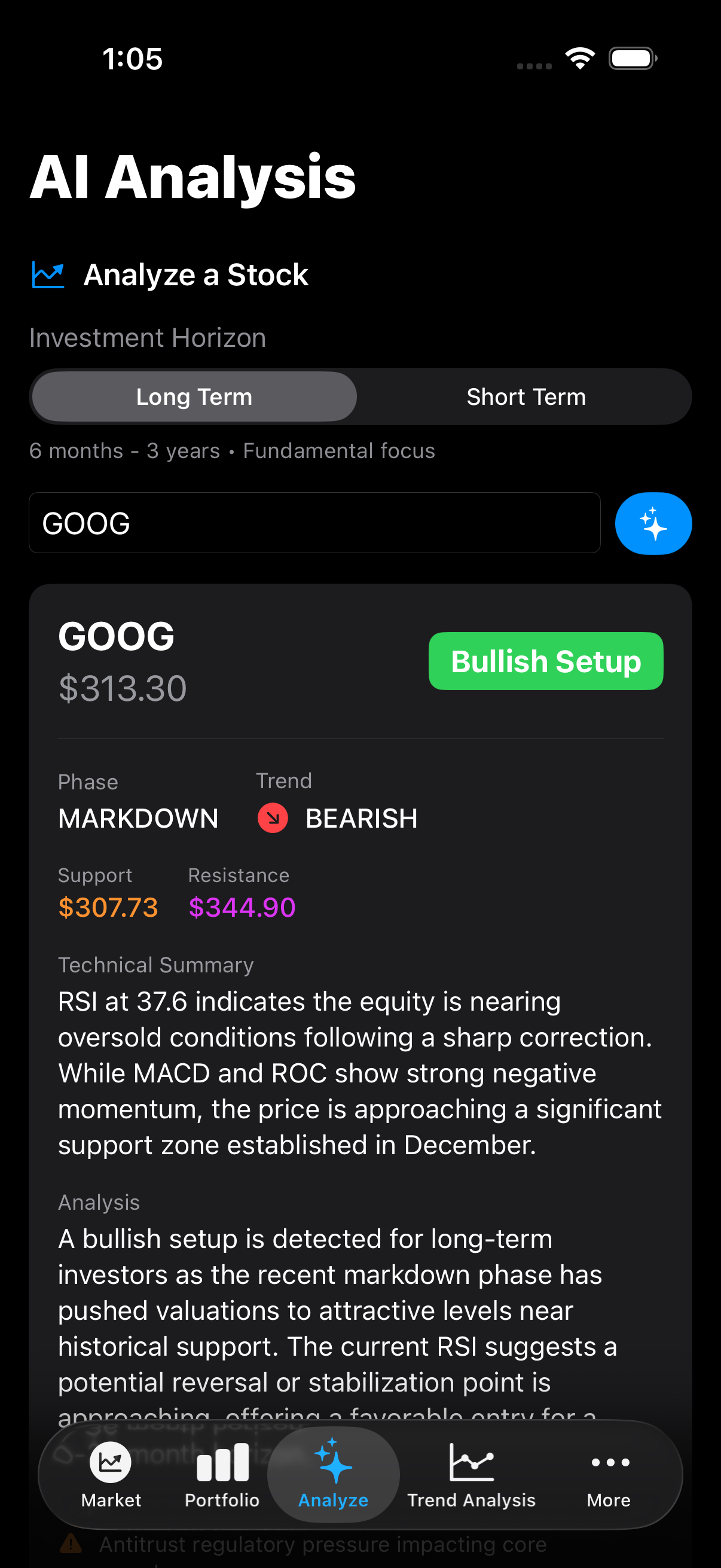 AI stock analysis summary screen